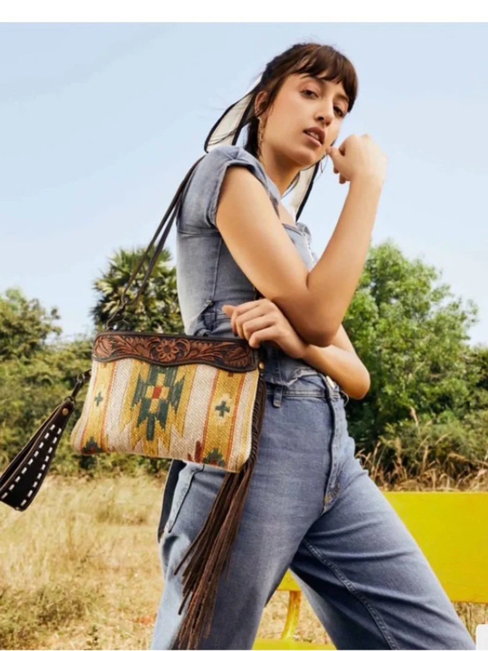 Myra Bag Woven Southwest Crossbody with Tooled Brown Leather Trim - Picture 9 of 9